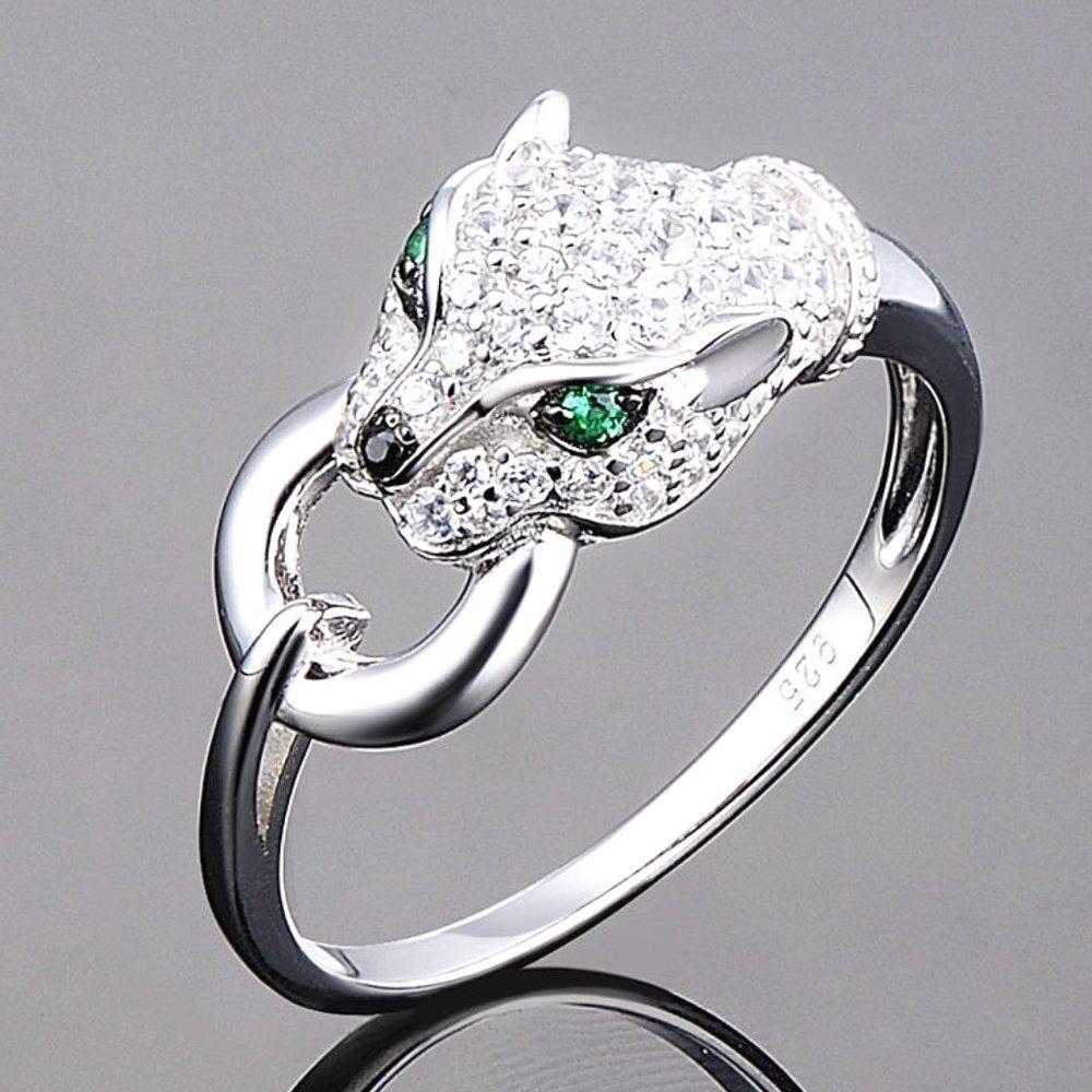 Green Eye Leopard Head Silvertone Fashion Animal Ring Sz 8